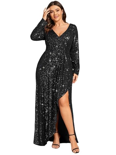 Ever-Pretty Women's Plus Size Long Sleeves Sequin Dress Formal Evening Gowns A-Line Pleated Cocktail Gala Party Dresses Black US18