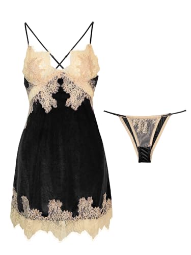 Image of Lilosy Sexy Silk Lace Up Backless Satin Applique Floral Lace Babydoll Lingerie Dress with Tong 2 Piece