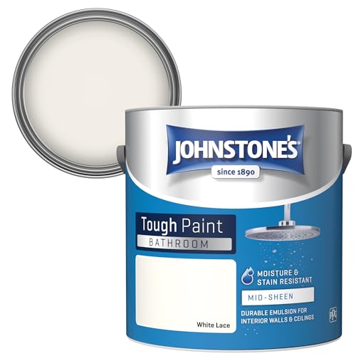Johnstones - Bathroom Paint - White Lace - Mid Sheen Finish - Stain Blocker Paint - Use in Moist & Damp Areas - Low Odour- Dry in 1-2 Hours - 12m2 Coverage per Litre - 2.5L