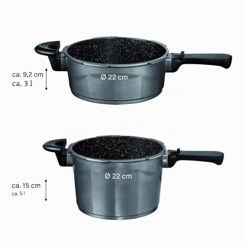 Foto von STONELINE® Aluguss Schnellkochtopf-Set, 6-TLG, 3 l und 5 l, induktionsgeeignet, Aluguss, Antihaftbeschichtung mit echten Steinpartikeln, 42.9 x 28.9 x 30.9 cm