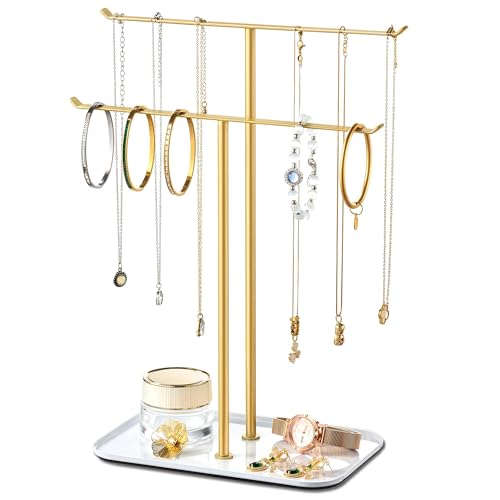 pickpiff Organizador de joyas, soporte para collares, 2 niveles con barra en T, árbol de exhibición de joyas con bandeja para almacenamiento de collares, pulseras, aretes, tocador, tocador, lavabo de pickpiff Organizador de joyas, soporte para collares, 2 niveles con barra en T, árbol de exhibición de joyas con bandeja para almacenamiento de collares, pulseras, aretes, tocador, tocador, lavabo de