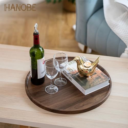 Hanobe Large Ottoman Serving Tray: Round Walnut Veneer Wooden Decorative Coffee Table Tray Rustic Circle Big Charcuterie Board Farmhouse Home Decor for Living Room 45cm - Image 2