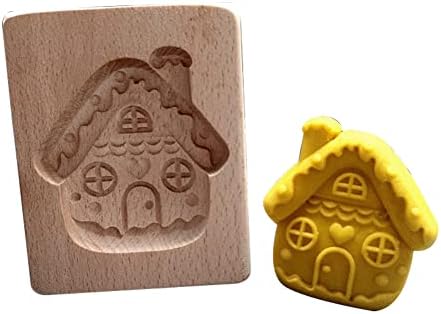 funluck Wooden Cookie Molds for Baking,Carved Wooden Biscuit Cutter,Embossing Cookie Presses Stamps Gingerbread Christmas Tree Snowmen Shape DIY Baking Tool for Thanksgiving (Candy House)