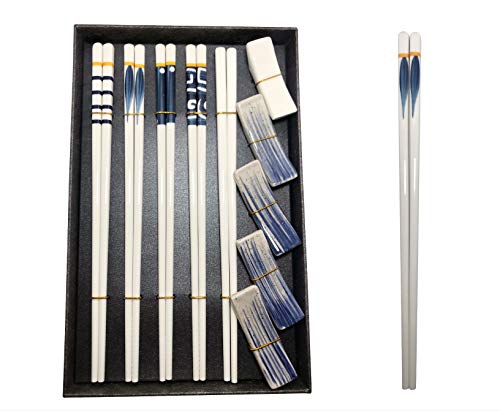 Reusable Chopsticks with Chopsticks Holder, Exquisite Ceramic Chopsticks Set (5 Pairs +5 Chopsticks Holder), Made of Chinese Ceramics, Dishwasher Clean