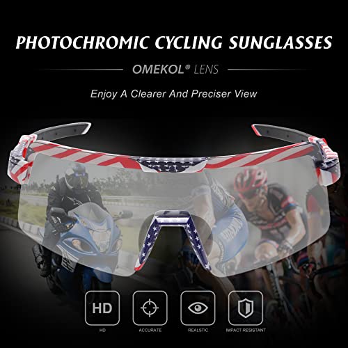 Omekol Photochromic Sunglasses For Men Sports Transition Safety Cycling Glasses Uv400 Mountain Bike Goggles Mtb Riding Bicycle Eyewear Women Baseball Running Fishing Golf - Usa Flag Frame #TOP1