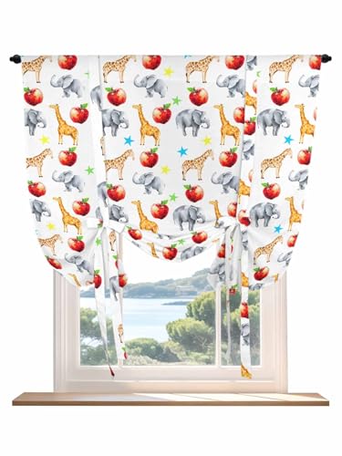 Tie Up Curtains for Windows Cute Giraffe Elephant Roman Shade 52 x 45 Inch Bathroom Curtains Window Blue Green Star Fruits Rod Pocket Short Balloon Curtain for Living Room Kitchen Small Blinds