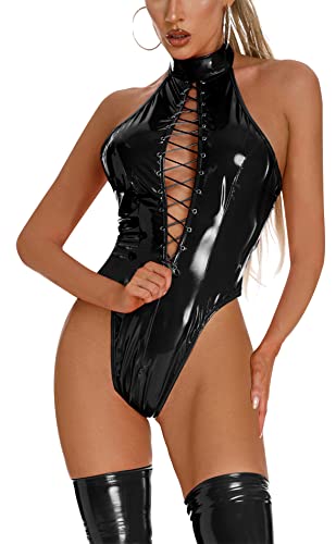 FEOYA Damen Kurze Overall Sexy Party Halterlose Overknee Strümpfe Clubwear Partykleider Kunstleder Wetlook Kniestrümpfe Bodysuit Leder Latex Kleider...
