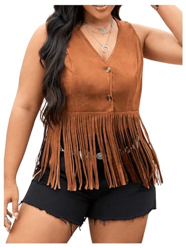 Women's Plus Size Fringe Trim Hem Jacket Sleeveless V Neck Button Front Vintage Jackets 70s Outfits