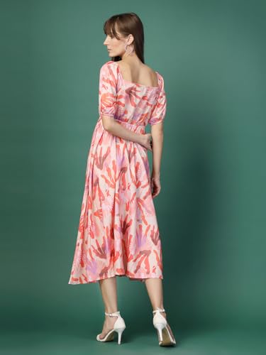 Image of OOMPH! Below Knee Shift Pink Dress in Crepe Fabric with Round Neck and Puff Sleeves - md619l