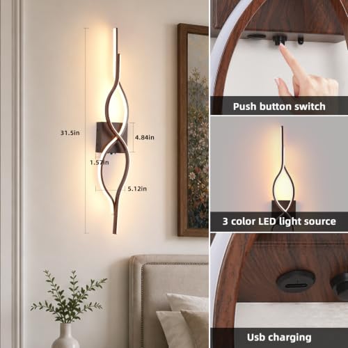 Image of Battery Operated Wall Sconces Set of 2, Walnut 31.4'' LED Dimmable Wall Sconce with Remote Control, Adjustable Color Temperature Brightness for Living Room Bedroom and Hallway Rechargeable Lighting