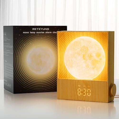 RETEYUNG Rotatable Moonlight Alarm Clock, Sunrise Alarm Clocks, Night Lamp for Bedrooms with Snooze Function, 10 Light Effects, 30/60/90 Timer, 10 Sleep Nature Sounds, 15 Ringtones, 12 Volume RETEYUNG Rotatable Moonlight Alarm Clock, Sunrise Alarm Clocks, Night Lamp for Bedrooms with Snooze Function, 10 Light Effects, 30/60/90 Timer, 10 Sleep Nature Sounds, 15 Ringtones, 12 Volume