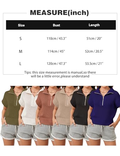 Womens Crochet Sweater Quarter Zip Cap Sleeve Tops Lightweight Hollow Out Fall Sweater Pullover Tops4