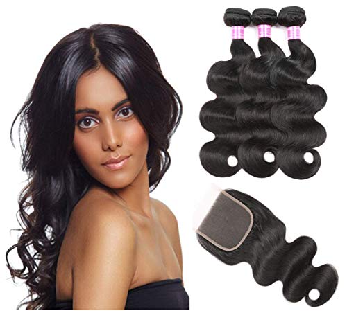 Brazilian Hair With Closure 8A 3 Bundles Body Wave Virgin Human Hair Bundles With Lace Closure 100% Unprocessed Hair Extensions Natural Black Color (14 16 18+12)