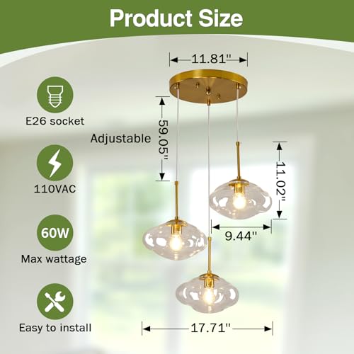 Image of 3-Light Gold Chandelier Modern Kitchen Island Pendant Light with Clear Glass Globe Shades Adjustable Height Flush Mount Ceiling Light Fixture for Dining Room Bedroom Living Room.