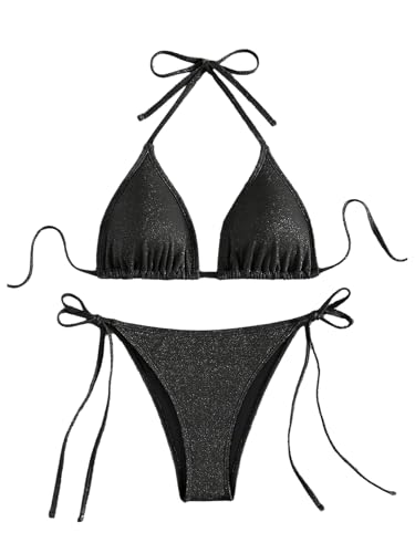 GORGLITTER Women's Sparkly String Bikini Sequin Halter Triangle Swimsuit Thong Bathing Suit