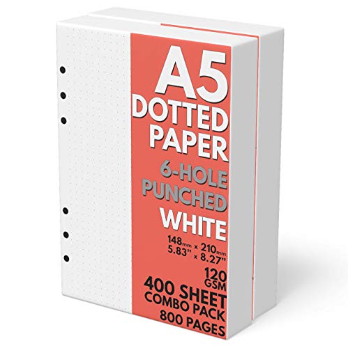Image of A5 Dot Grid Paper, Extra Thick, 6-Hole Punched, 400 Sheets (800 Pages), 120 GSM