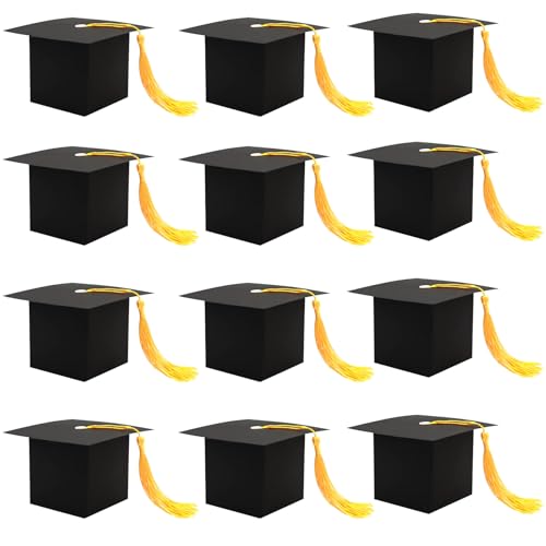 12 PCS Black Graduation Cap Boxes with Gold Tassel for Candy Snack Goodie Treat Gift Wrap Graduation Party Favors Supplies Decorations Class of 2026 Photo Props Backdrop Grad Bags Baggies Pouches