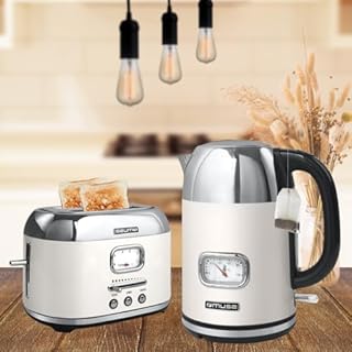 Muse Wasserkocher und Toaster Set, 2er Frühstücks-Set mit Retro Wasserkocher und 2 Scheiben Toaster mit analoger Anzeige, beige und Edelstahl