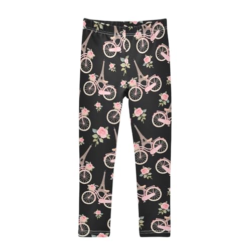 Pink Eiffel Tower Bike Rose Girls Leggings Soft Stretch Workout Yoga Dance Pants for Kids Casual Tights