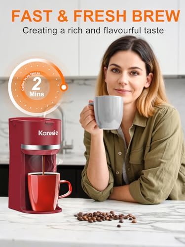 Karosie Single Serve Coffee Maker for K-Cup and Ground Coffee, Fast Brew, 6-12 oz Brew Sizes One Cup Coffee Machine Fits 5.5" Mugs, One-Button Small Coffee Maker with Descaling Reminder, Red - 2