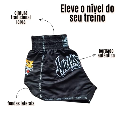 SHORT MUAY THAI ESTILO TAILANDÊS GO FIGHT FACE TIGER (BR, Alfa, P, 48, Regular, Regular, Preto)