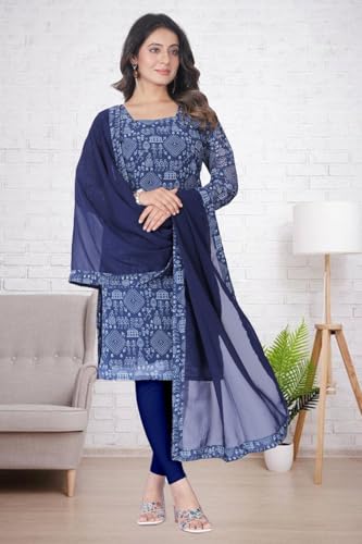 Image of Women's Printed Kurti with Georgette Dupatta, Full Inner Lining, Lightweight Ethnic Set