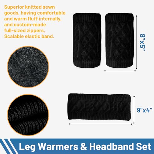 Image of TUYUU Zipper Leg Warmers and Headband Set, Fleece Lined Knit Legwarmers for Figure Skating, Ice Skating, Dance & Hockey