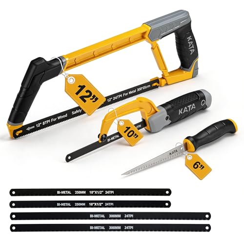 KATA Heavy Duty Hacksaw Frame Set, 12 Inch Hacksaw, 10 Inch Mini Hacksaw & 6 Inch Drywall Jab Saw, 4pc Extra Bi-Metal HSS Blades, 45°/90° Adjustable, Cutting Metal, Wood, PVC