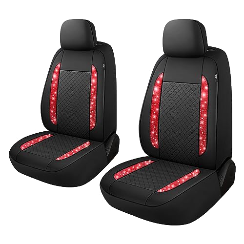CAROMOP Bling Diamond Pattern Leather Car Seat Covers 2 Front Interior Set- Shining Rhinestone Waterproof Automotive Seat Cover for Cars, Universal Fit Most Cars Sedans SUVs Trucks (Red Diamond)