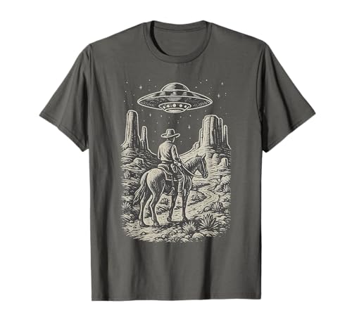 Western-UFO-Kunst, Cowboy-Alien-Begegnung im Vintage-Stil T-Shirt