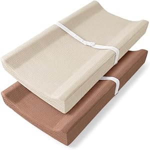 Bearmoss Changing Pad Cover, 2 Pack Muslin [100% Cotton] Diaper Changing Table Covers, 32” x 16” Soft Breathable Changing Pad Sheets for Unisex Baby Girls and Boys with Strap Holes (Cappuccino)