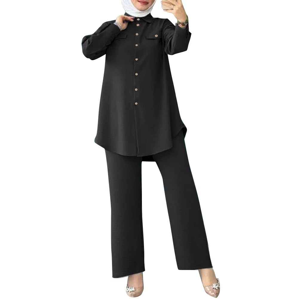 Muslim Long Sleeve Blouse Wide Leg Pants Suits Autumn Solid Abaya Women Matching Sets 2PCS Tracksuits Turkey Kaftan-image-42