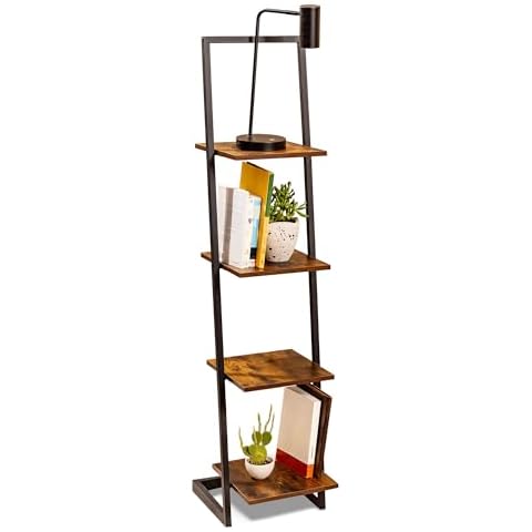 NIXTA 4 Tier Ladder Bookshelf with Electrical Outlets and USB Ports Made Out of Enginnered Wood and Black Powder Coated Metal Cover