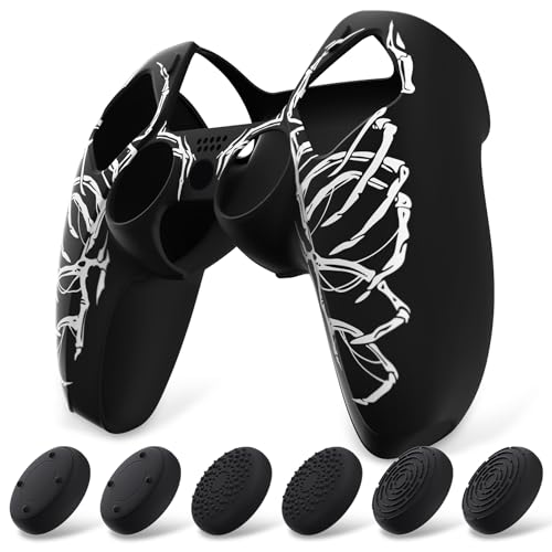 PlayVital Funda de Silicona para ps5 Mando - Cubierta Protectora Antideslizante y Suave con 6 Tapas para Pulgar, Grip Mejorado, Compatible con Base de Carga (Pure Series-Calavera Tallada)