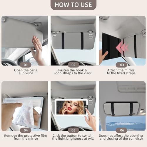 Image of Car Sun Visor Vanity Mirror with Lights, Rechargeable LED Car Visor Makeup Mirror with 3 Color Dimmable Lights - Universal Accessories for Cars, SUVs, Trucks (Black)
