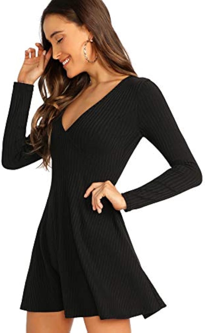 Verdusa Women's Elegant Deep V Neck Long Sleeve Ribbed Short Skater Dress