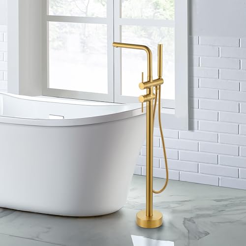 ARCORA Robinet de baignoire sur pied: robinet de baignoire en cuivre et acier inoxydable, pivotant à 360°, montage au sol avec douchette (Or)
