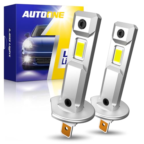 AUTOONE H1 LED Bulbs, 40000LM 800% Ultra Bright, 6500K Cool White 1:1 Mini Halogen Size Accessory Fog Light, 60000HRS+ Lifespan, Non-polarity Plug and Play, Pack of 2