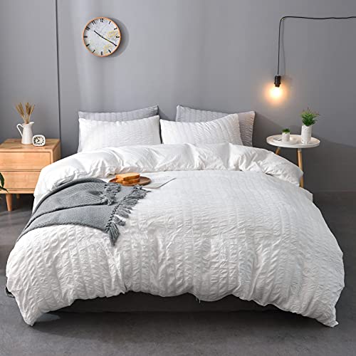 M&Meagle 3 Pieces Textured Duvet Cover White Set with Zipper Closure