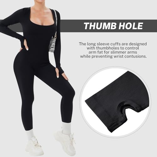 OEAK Damen Sport Jumpsuit Lang Eng Yoga Bodysuit Overall Stretch Langarm Bodycon Strampler Sportanzug Einteiler Hosenanzug Trainingsanzug,Schwarz,S