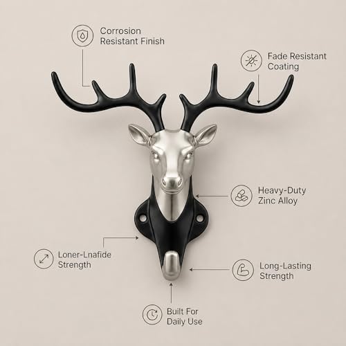 Image of Deer Head Wall Key Holder, Zinc Alloy Hanging Hooks for Keys & Accessories, Multipurpose Key Hanger Stand for Home Decor, Entryway Organizer, Satin Black Finish - Pack of 1