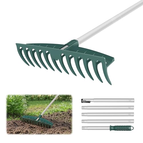 ORIENTOOLS Tuin Rock Hark Heavy Duty voor tuin gazons, tuinhark voor bladeren met 12 stalen tanden, 62 inch verstelbare lange handgreep voor bodemlosmaken, tuinwerk