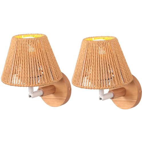 TOKIUS 2 Piezas Lámparas de Pared Interior Retro E27 Aplique de Pared Vintage de Madera Pantalla de Ratán Creativo Iluminación Ajustable Lámpara de Techo para Salón Dormitorio Comedor Pasillo (15cm)