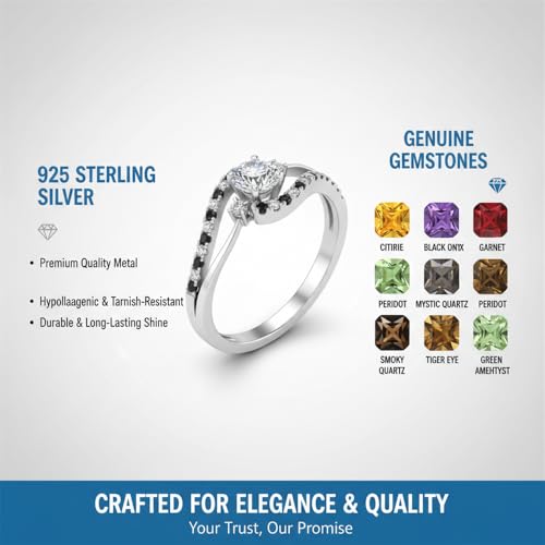Image of Choose Your Gemstone Swirl 3 Stone Diamond CZ Engagement Ring 925 Sterling Silver Round Shape Side Stone Engagement Rings for Women, Girls and Ladies US Size 4 to 12