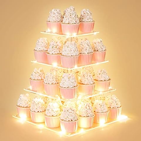 4 Tier Cupcake Stand with LED String Light, Acrylic Cupcake Display Stand, Square Cupcake Tower Holder, Cup Cake Stand for Birthday, Wedding, Baby Shower, Party Cover