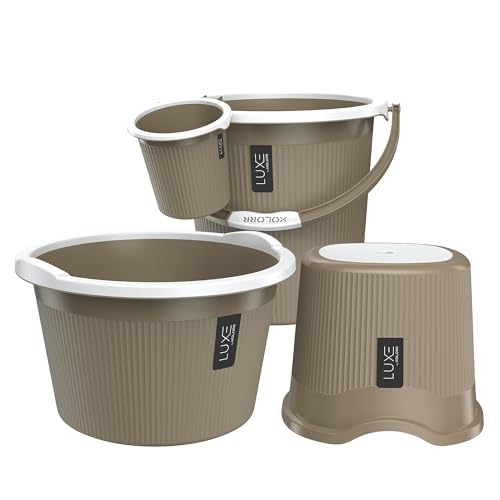 Image of KOLORR Luxe Bathroom Set (Bucket 25L x 1) + (Mug 1.5L x 1) + (Luxe Patla x 1) + (20L Tub x 1)|Sturdy and Durable |Lightweight| Easy to Clean and Attractive Design|Pack of 4| Ratan LT Brown