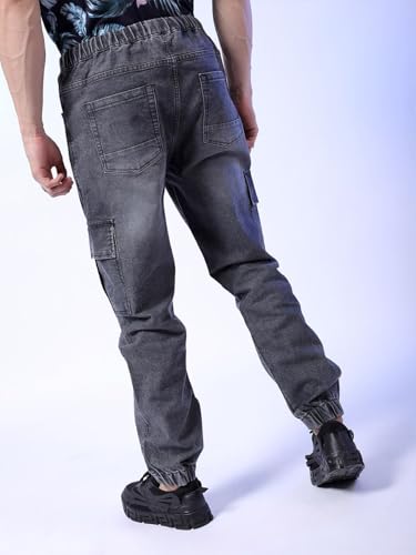 Image of The Indian Garage Co Men Regular Fit Solid Mid-Rise Stretchable Denim Cargo Joggers
