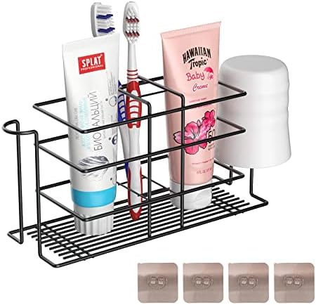 Toothbrush Holder Wall Mounted, Stainless Steel Black Toothbrush Holder With Two Hooks, Wall Mounted Bathroom Organizer for Toothbrush, Toothpaste, Mouthwash Cup, Razor, Facial Cleanser