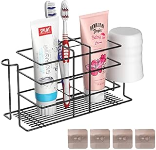 Toothbrush Holder Wall Mounted, Stainless Steel Black Toothbrush Holder With Two Hooks, Wall Mounted Bathroom Organizer for Toothbrush, Toothpaste, Mouthwash Cup, Razor, Facial Cleanser
