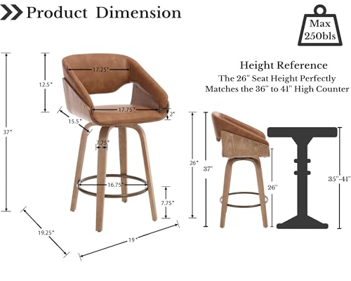 Image of HNY 26'' Modern Barrel Swivel Counter Stools Counter Height Swivel Bar Stools with Backs Set of 6, Brown Faux Leather Bar Height stools, Farmhouse Solid Wood Barstools for Kitchen Island, Home Bar
